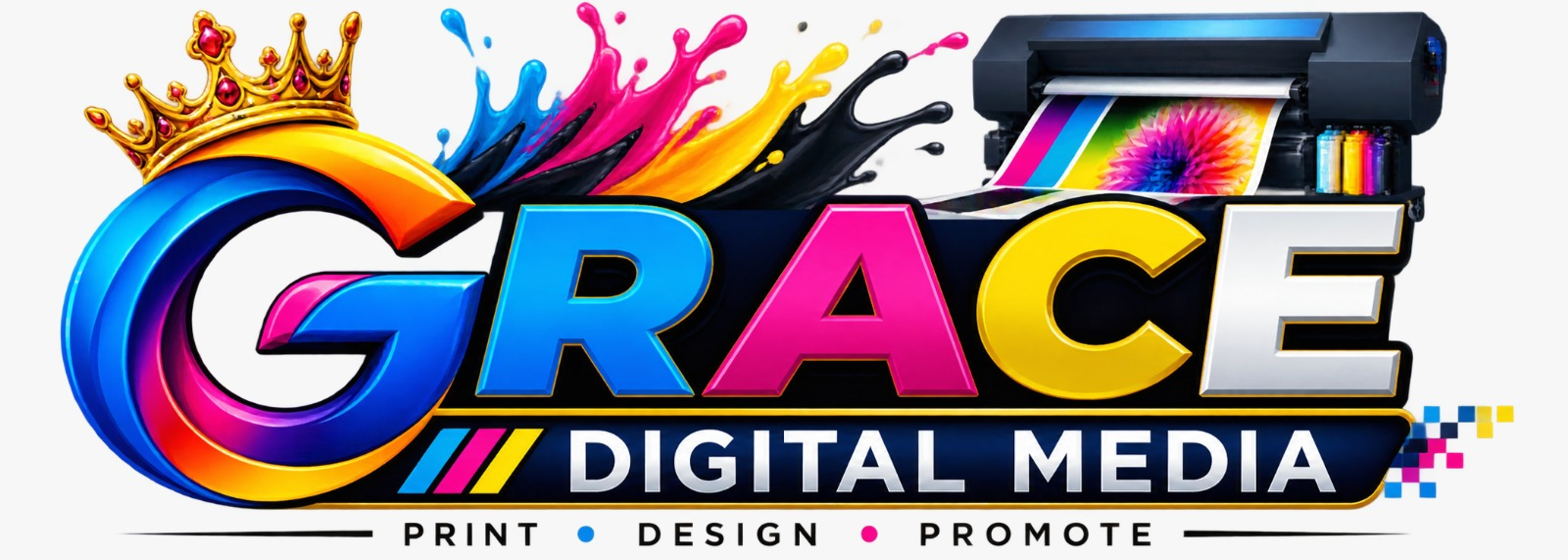 Grace Digital Media — Print, Design, Promote. Colourful logo with a crown, ink splashes, and a printer.